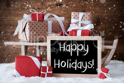 Sleigh With Gifts, Snow, Snowflakes, Text Happy Holidays