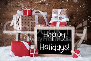 Sleigh With Gifts, Snow, Snowflakes, Text Happy Holidays