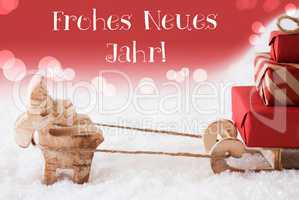 Reindeer With Sled, Red Background, Neues Jahr Means New Year