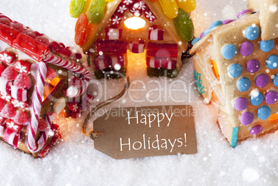 Colorful Gingerbread House, Snowflakes, Text Happy Holidays