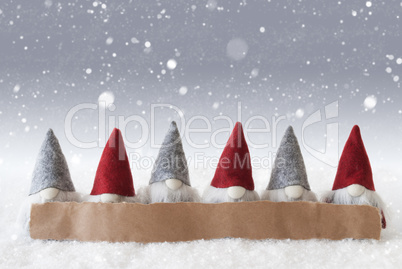 Gnomes, Silver Background, Snowflakes, Copy Space