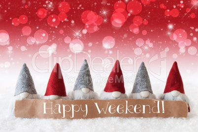 Gnomes, Red Background, Bokeh, Stars, Text Happy Weekend