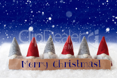 Gnomes, Blue Background, Snowflakes, Text Merry Christmas