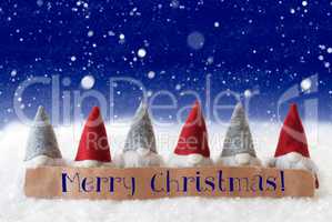 Gnomes, Blue Background, Snowflakes, Text Merry Christmas