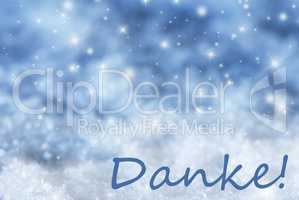 Blue Sparkling Christmas Background, Snow, Danke Means Thank You