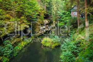 Canyon scenery and trails Kamnitz Gorge in the Czech Switzerland