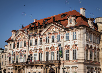 Architecture and soap bubbles on Old Town Square in Prague.inter