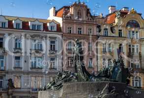 Architecture and Jan Hus Memorial on Old Town Square in Prague