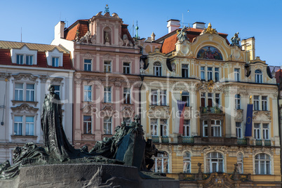 Architecture and Jan Hus Memorial on Old Town Square in Prague