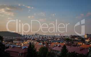 view of Prague city from Vysehrad hill at sunset