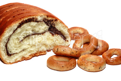 Broken roll with poppy seeds and bagels