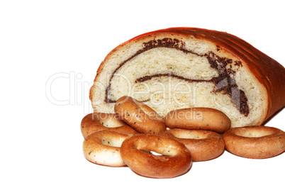 Broken roll with poppy seeds and bagels