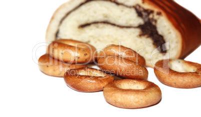 Broken roll with poppy seeds and bagels