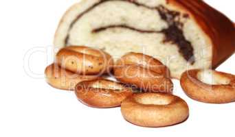 Broken roll with poppy seeds and bagels