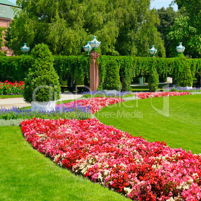 summer park with flower bed and green lawn