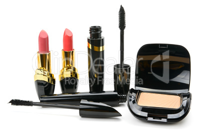 Set of decorative cosmetics: powder, lipstick and mascara isolat