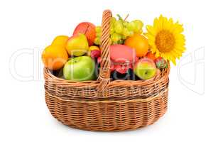 a set of healthy food products in a wicker basket isolated on wh