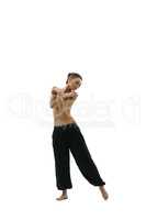 Full length photo of topless girl in wide trousers