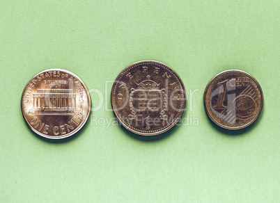 Vintage Dollars, Euro and Pounds - 1 Cent, 1 Penny