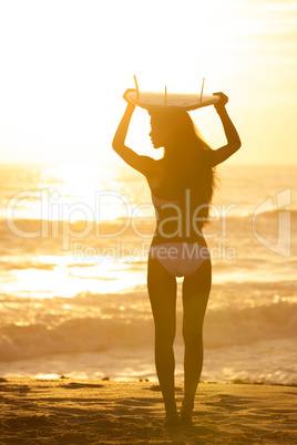 Woman Bikini Surfer & Surfboard Sunset Beach