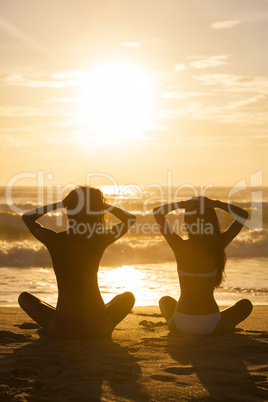 Two Women Girls Sitting Sunrise Sunset Bikini Beach