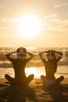 Two Women Girls Sitting Sunrise Sunset Bikini Beach