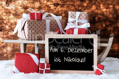 Sleigh With Gifts, Snow, Bokeh, Nikolaus Means Nicholas Day