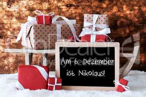 Sleigh With Gifts, Snow, Bokeh, Nikolaus Means Nicholas Day