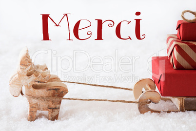 Reindeer With Sled On Snow, Merci Means Thank You