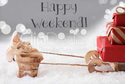 Reindeer With Sled, Silver Background, Text Happy Weekend
