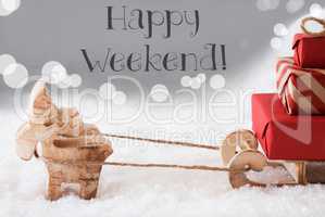 Reindeer With Sled, Silver Background, Text Happy Weekend