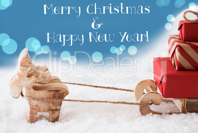 Reindeer, Sled, Light Blue Background, Text Merry Christmas, New Year