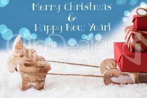 Reindeer, Sled, Light Blue Background, Text Merry Christmas, New Year