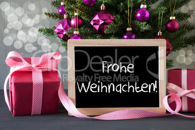 Tree With Gifts, Bokeh, Text Frohe Weihnachten Means Merry Christmas