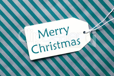 Label On Turquoise Wrapping Paper, Text Merry Christmas