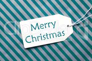 Label On Turquoise Wrapping Paper, Text Merry Christmas