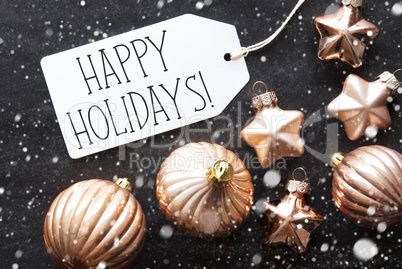 Bronze Christmas Balls, Snowflakes, Text Happy Holidays