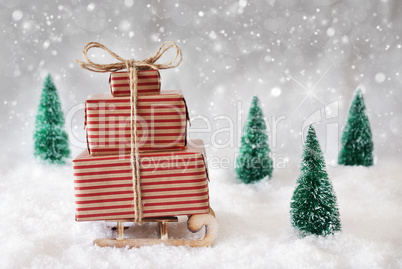 Christmas Sled On Snow With White Background, Snowflakes And Stars