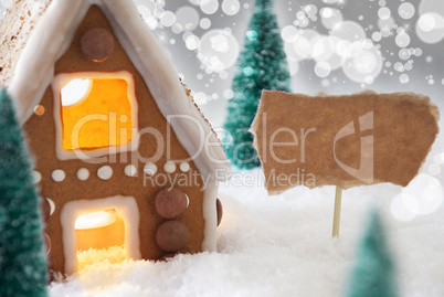 Gingerbread House, Silver Background, Copy Space