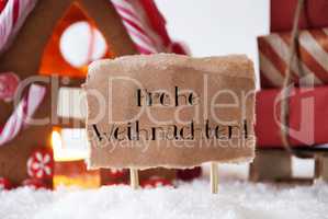 Gingerbread House With Sled, Frohe Weihnachten Means Merry Christmas