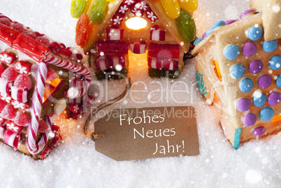 Colorful Gingerbread House, Snowflakes, Frohes Neues Means Happy New Year