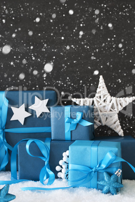 Vertical Blue Christmas Gifts, Black Cement Wall, Snow, Snowflakes