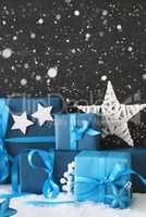 Vertical Blue Christmas Gifts, Black Cement Wall, Snow, Snowflakes