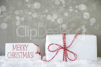 Gift, Cement Background With Bokeh, Text Merry Christmas Gift, Cement Background With Bokeh, Text Merry Christmas