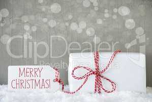 Gift, Cement Background With Bokeh, Text Merry Christmas