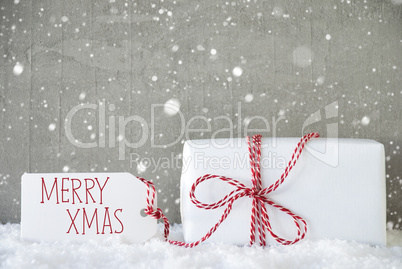 Gift, Cement Background With Snowflakes, Text Merry Xmas
