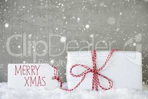Gift, Cement Background With Snowflakes, Text Merry Xmas