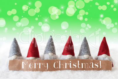 Gnomes, Green Background, Bokeh, Stars, Text Merry Christmas