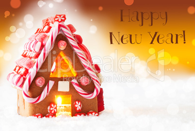 Gingerbread House, Golden Background, Text Happy New Year