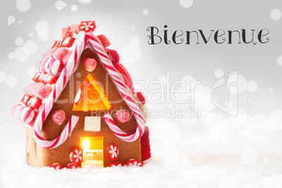 Gingerbread House, Silver Background, Joyeux Noel Means Merry Christmas